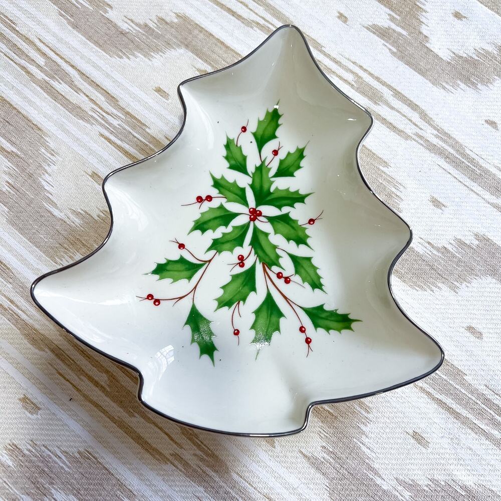 LENOX 7in Holly Christmas Tree Dish Silver Trim Dimension Collection Holiday